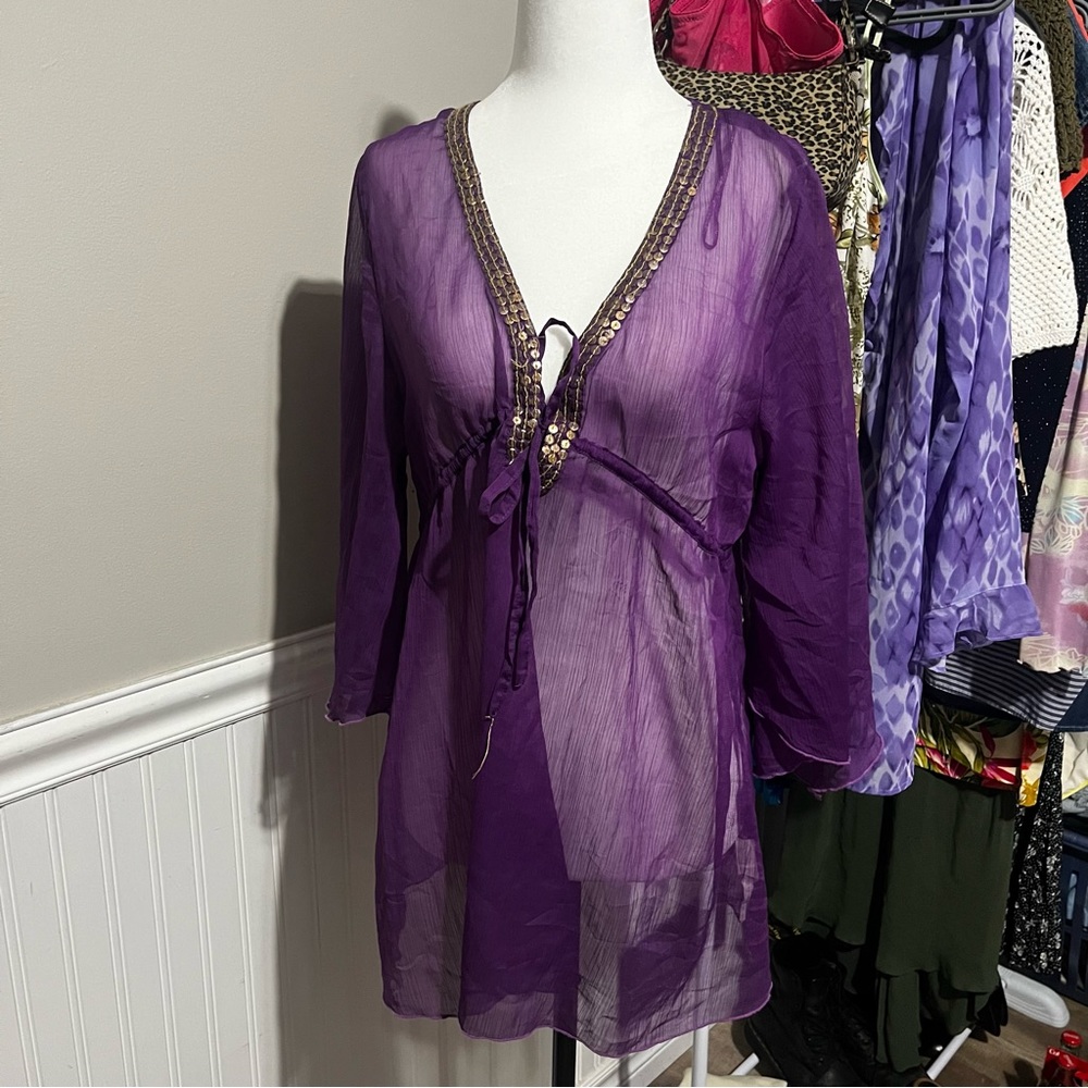 Costa Blanca Y2K Sheer Purple & Gold Kaftan Style Top